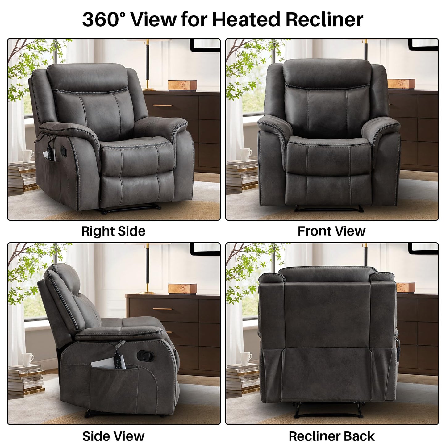 BAMCANFUR Massage Recliner Chair with Heated, Faux Leather Recliner Chairs for Adults, 39" Wide Manual Reclining Ergonomic Lounge Chair for Living Room with Overstuffed Backrest, Side Pocket, Grey