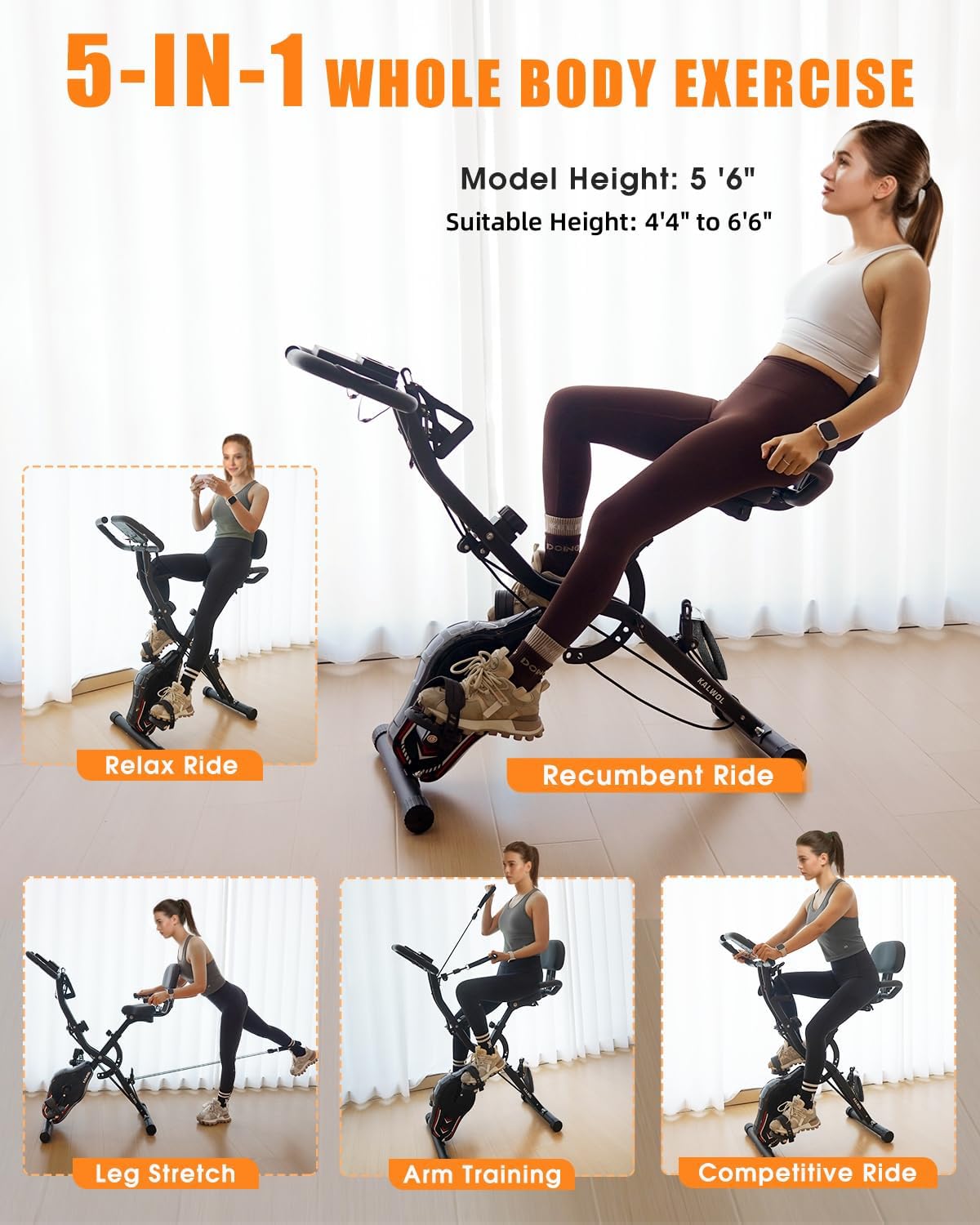 KALWOL Folding Exercise Bike, 5-in-1 Foldable Stationary Bike Upgraded 16-level Magnetic Resistance 10DB Near-silent Bike Upright Indoor Cycling Bike with 350LB Capacity, Comfortable Seat Backrest…