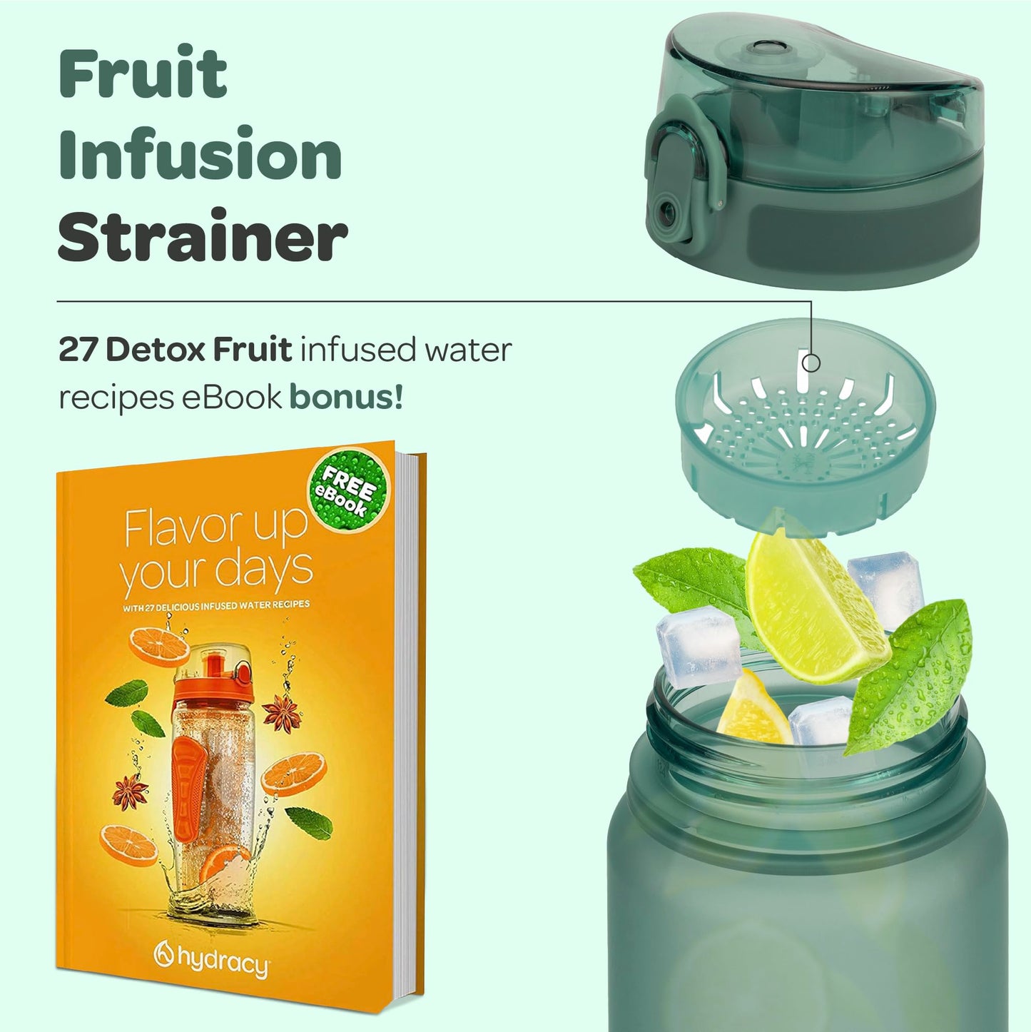 Hydracy Water Bottle with Time Marker -Large 32 oz BPA Free Bottle & No Sweat Sleeve -Leak Proof Gym Bottle with Fruit Infuser Strainer & Times to Drink -Ideal Gift for Fitness Sports & Outdoors