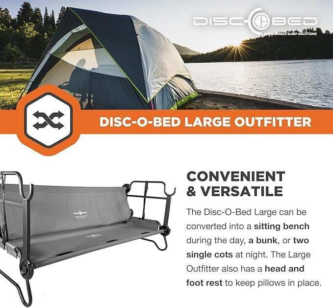 Disc-O-Bed Portable Cam-O-Bunk Bed, Large 2 Adult Sleeping Cot for Camping, Gray