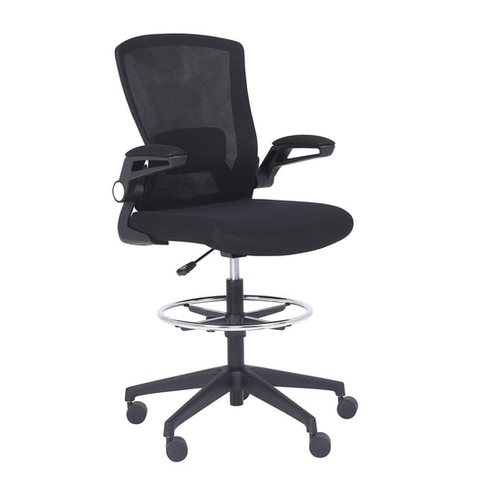 Amazon Basics Mid-Back Mesh Office Drafting Chair Stool with Adjustable Footrest, Flip-Up Arms, Black