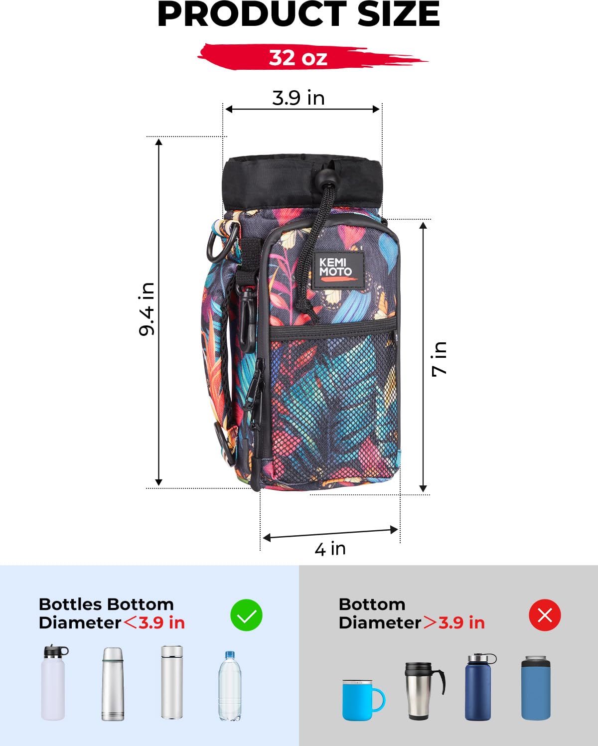 KEMIMOTO Water Bottle Holder Bag, Water Bottle Carrier with Adjustable Shoulder Strap, Water Bottle Pouch Holder for Hiking, Camping, Fishing, Compatible with YETI Stanley SLM 32 oz, 40 oz, 64 oz