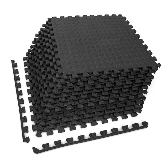 Tangkula 12 Tiles Exercise Flooring Mats with Border, Non-Slip EVA Foam Protective Mats, Elastic Puzzle Play Mats, 1/2" Interlocking Floor Mats for Home Gym, Fitness Room, Workshop Equipment(Black)