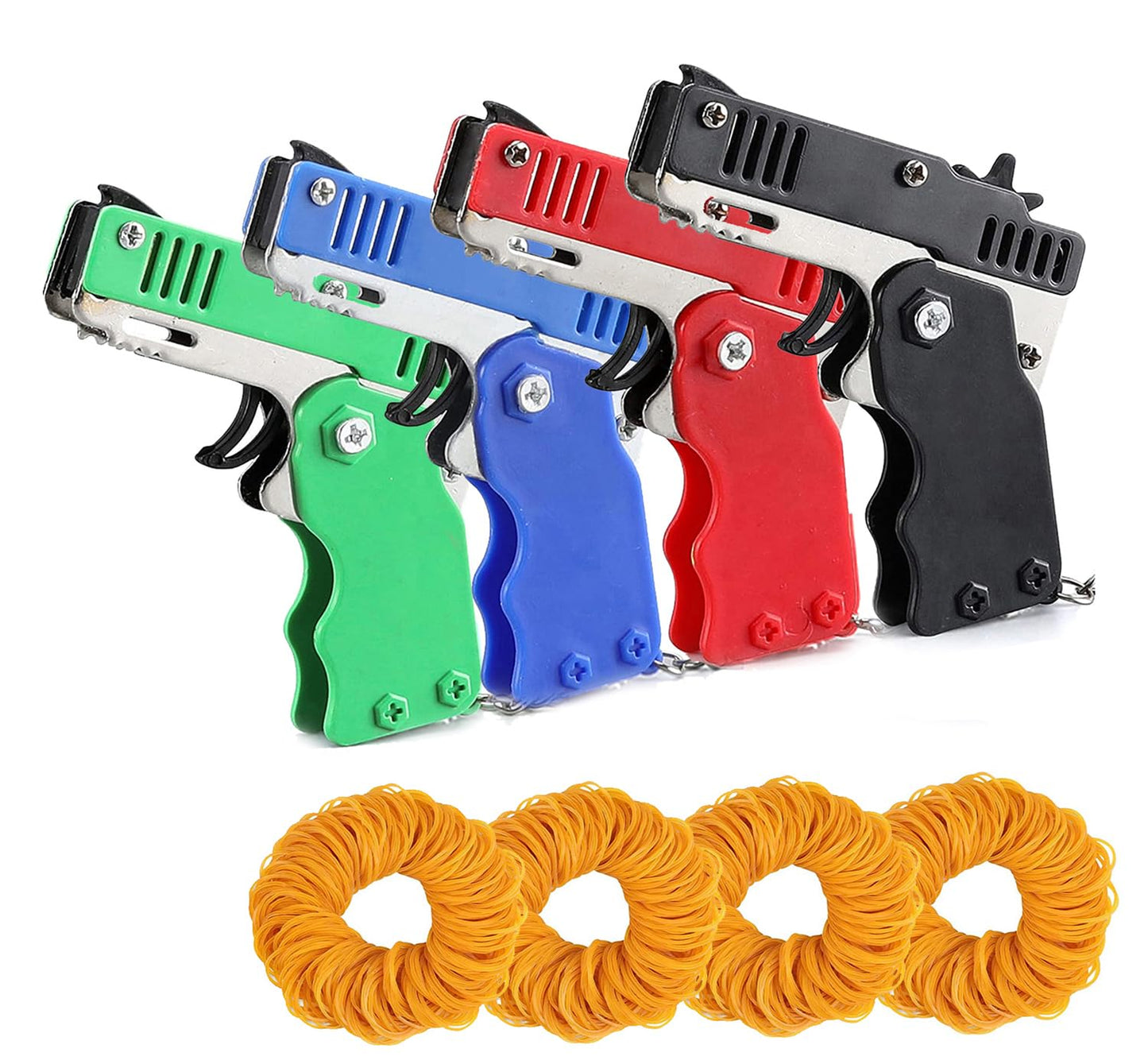 QKUDNGHY Kids Toys Cool Keychain Rubber Band Launcher Toy 4pcs Mini Metal Folding Rubber Launcher Toy with 240 Elastic Rubber Bands for Game Outdoor Activities (4 Colors)