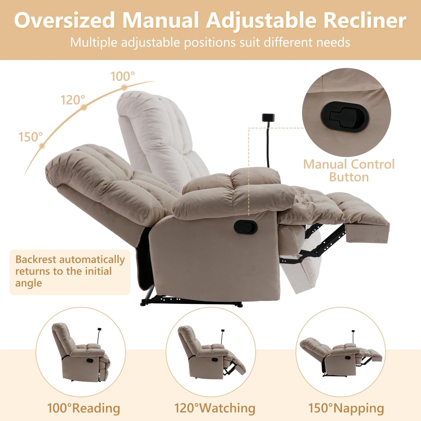 hzlagm Oversized Recliner Chairs for Adults 400LBS, Extra Wide Recliner, Manual Recliner Chair with Overstuffed Armrest and Backrest, Velvet Big and Tall Recliners for Living Room, Beige