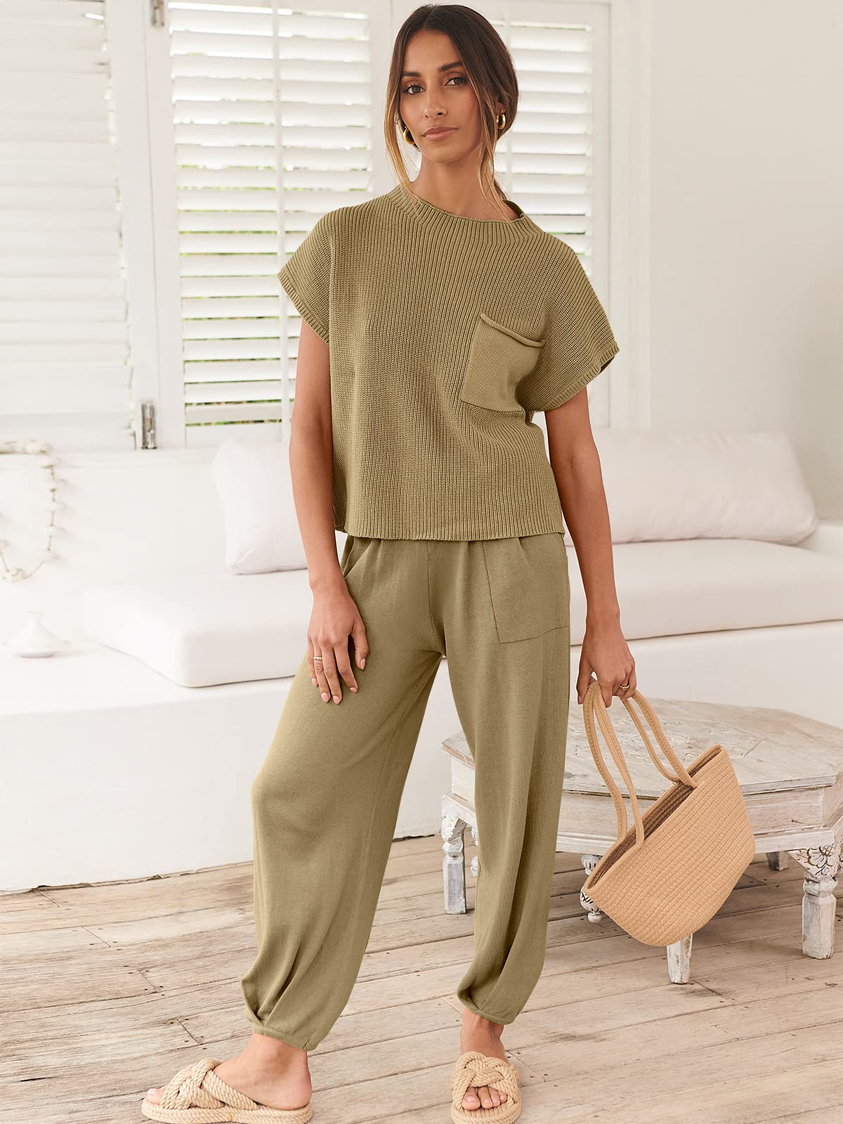 ANRABESS Women's Two Piece Outfits Knit Sweater Pullover Crop Top & Pants Lounge Matching Tracksuit Sweatsuit Sets 2024 Trendy Loungewear Clothes Brown Small