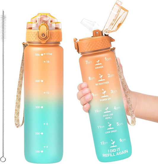 OLDLEY Kids Water Bottle for School, 17 oz (Straw Lid) BPA-Free Reusable Leak-proof Durable Tritan Plastic Water Bottles with One-handed Opening Straw Lids, Anti-dust Spout Cover (Sunflower)