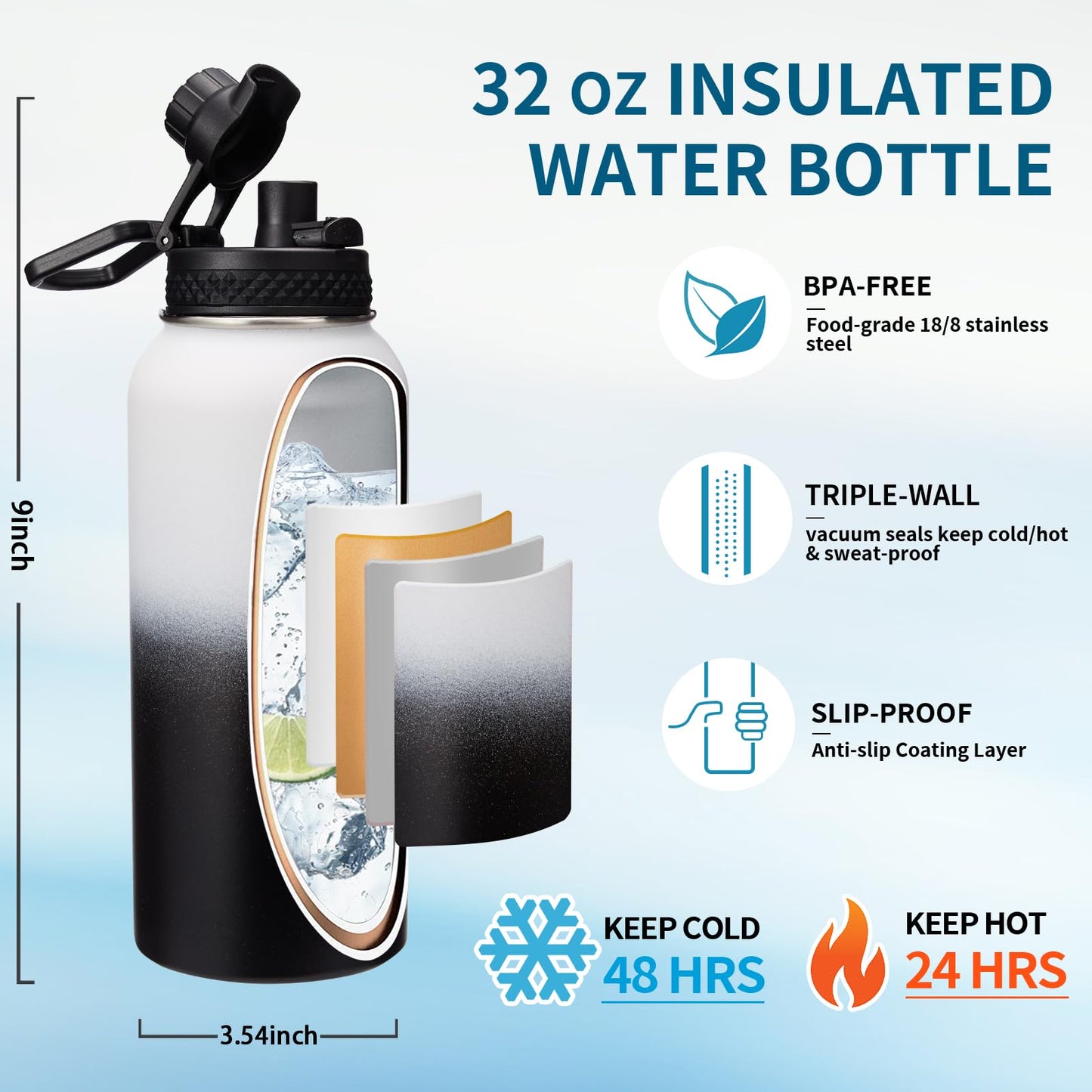 Metal Water Bottle 32 oz - Insulated Water Bottles Keep Cold 48H Hot 24H, Large Waterbottle with Strap, Straw & Spout Lid, Protective Boot, Wide Mouth Stainless Steel Thermo Jug Flask Sport Office