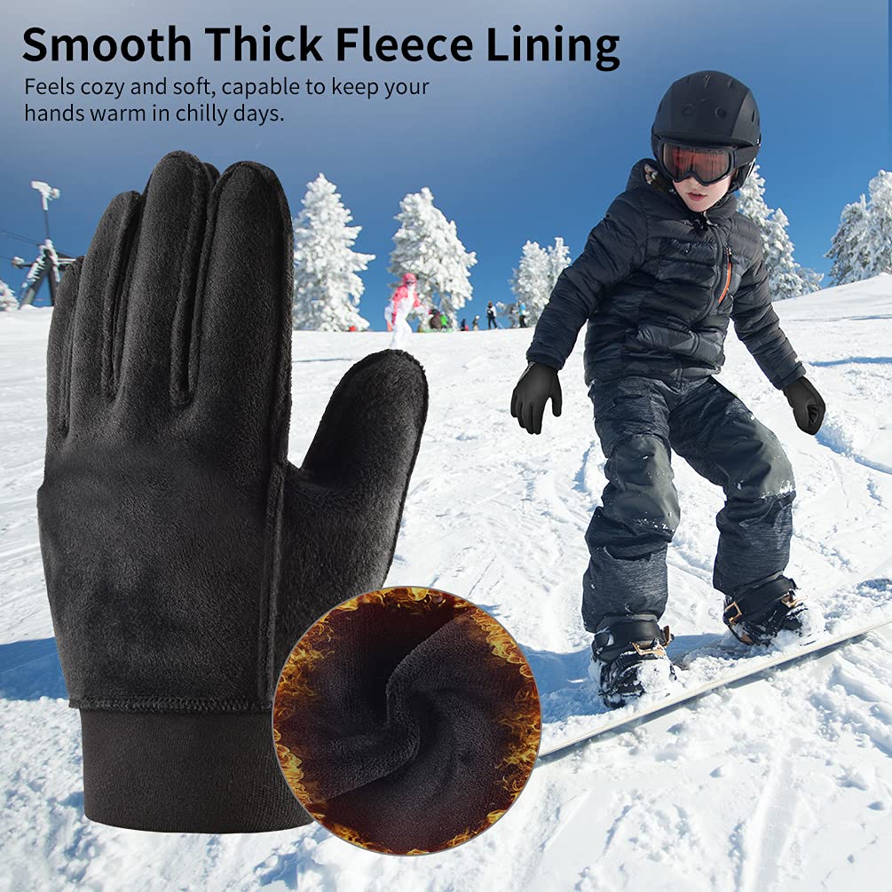 OOPOR Winter Warm Cycling Kids Gloves - Cold Weather Thermal Running Ski Bike Black Mittens Aged 4-12 Boys Girls L