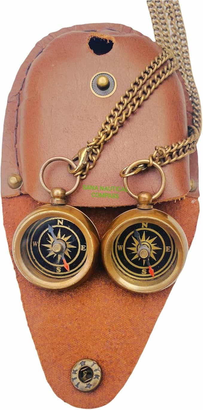 Antique Compass Your Tommy Your Tubbo Nautical Locket Compass Engraved Brass Compass with Leather Case Chain Compass (Both), Dark Brown
