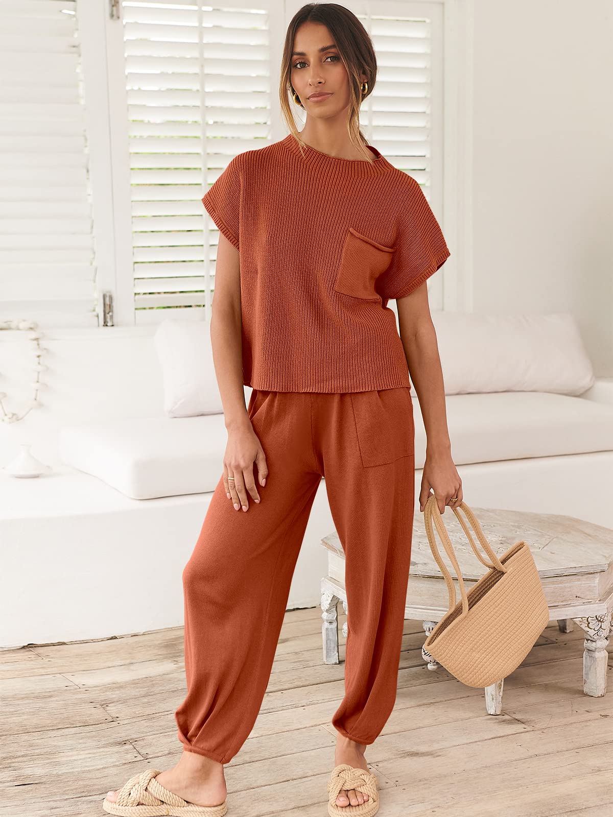 ANRABESS Women's Two Piece Outfits Knit Sweater Pullover Crop Top & Pants Lounge Matching Tracksuit Sweatsuit Sets 2024 Trendy Loungewear Clothes Rust Small
