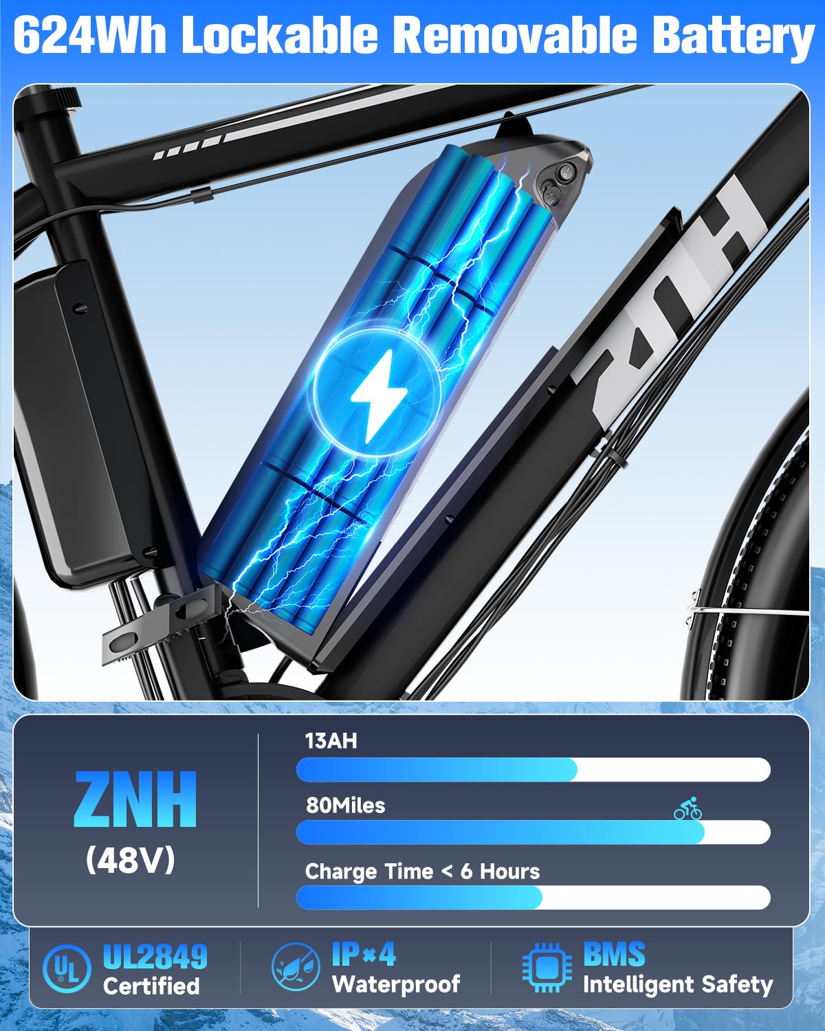 ZNH Electric Mountain Bikes for Adult 750W Peak Motor Mountain Biking Ebike with 48V 624Wh Battery 26" Step Over Commuter Off-Road E Bike 20Mph Electric Bicycle Up to 80 Miles,21 Speed,Suspension Fork
