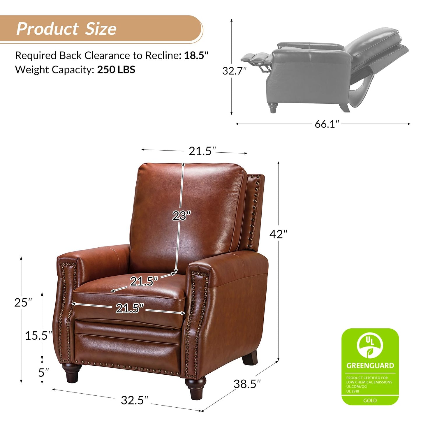 HULALA HOME Genuine Leather Manual Recliner Chair,Classic Push Back Reclining Armchair Sofa with Thick Seat, Adjustable Backrest & Nailhead Trim for Living Room Home Theater (Brown)