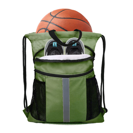 BeeGreen Pure Moss Green Drawstring Backpack Bag with Shoe Compartment X-Large Gym Sports String Cinch Sackpack with Front Inside Zipper Pockets 75D