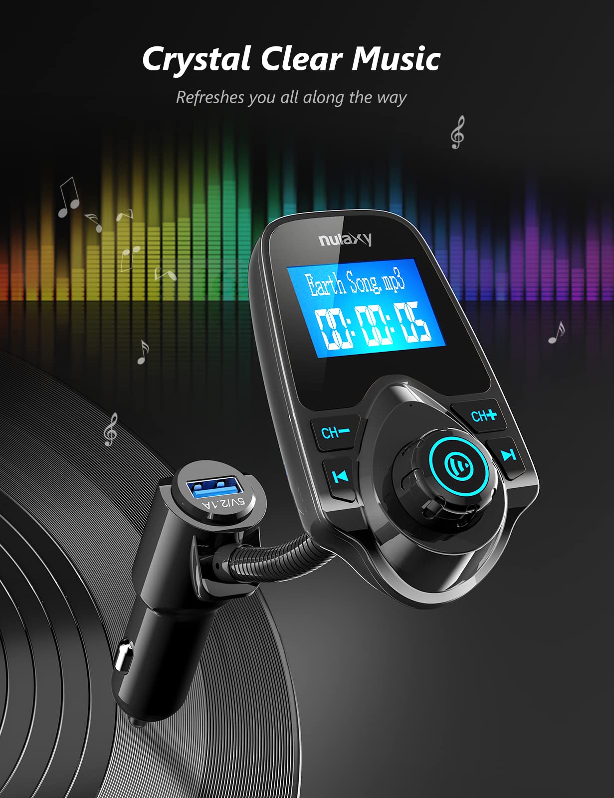 Nulaxy Car Bluetooth FM Transmitter [2024 Upgraded], 1.44" Display Flexible Gooseneck, Handsfree Call Wireless Music Stereo Audio Player Radio Adapter Car Kit USB Phone Charger, TF SD Card AUX-KM18