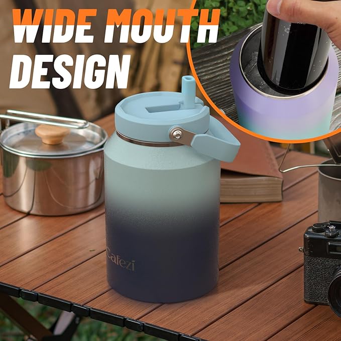 64oz Insulated Water Bottle, Stainless Steel Water Bottles with Flip Straw and Top Handle, Leak Proof, Iced for 34 Hours, 64 oz Tumbler