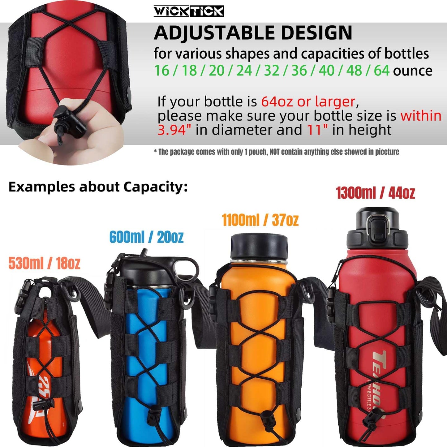 WICKTICK Molle Water Bottle Holder Pouch 16 24 32 40 64 oz - Multi-Purpose Tactical Fuel Bottle Bag, Adjustable Size for Outdoor Activities, Adapted to Backpack/Vest/Belt (Green, Classic)