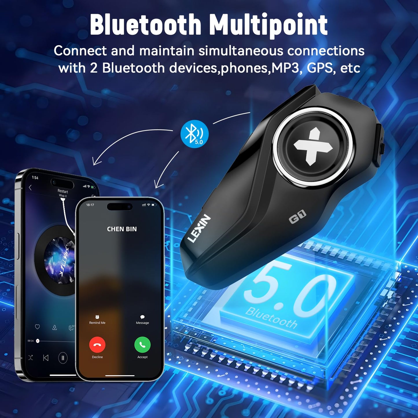 LEXIN G1 Motorcycle Bluetooth Headset, Helmet Speakers with 2 Type Mics, Hands-Free Call/Music/GPS, IP67 Waterproof Motorcycle Headphones with HD Stereo Loud Sound, 4 Color Faceplates, Singe Use