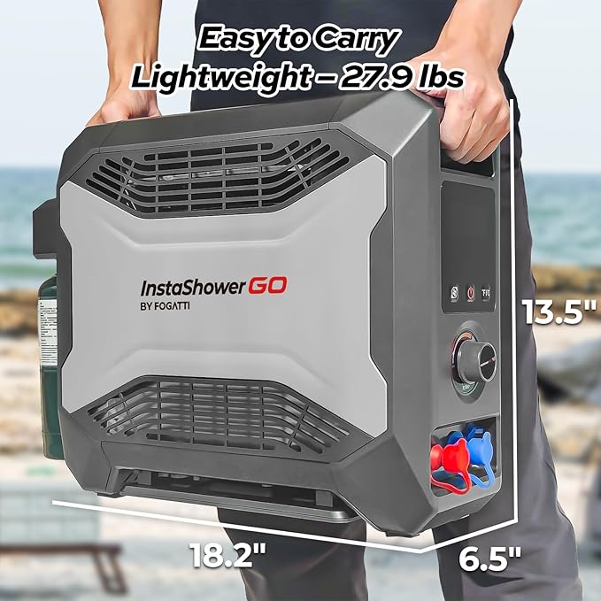 FOGATTI Camping Shower Tent with InstaShower GO Portable Water Heater and Carrying Bag