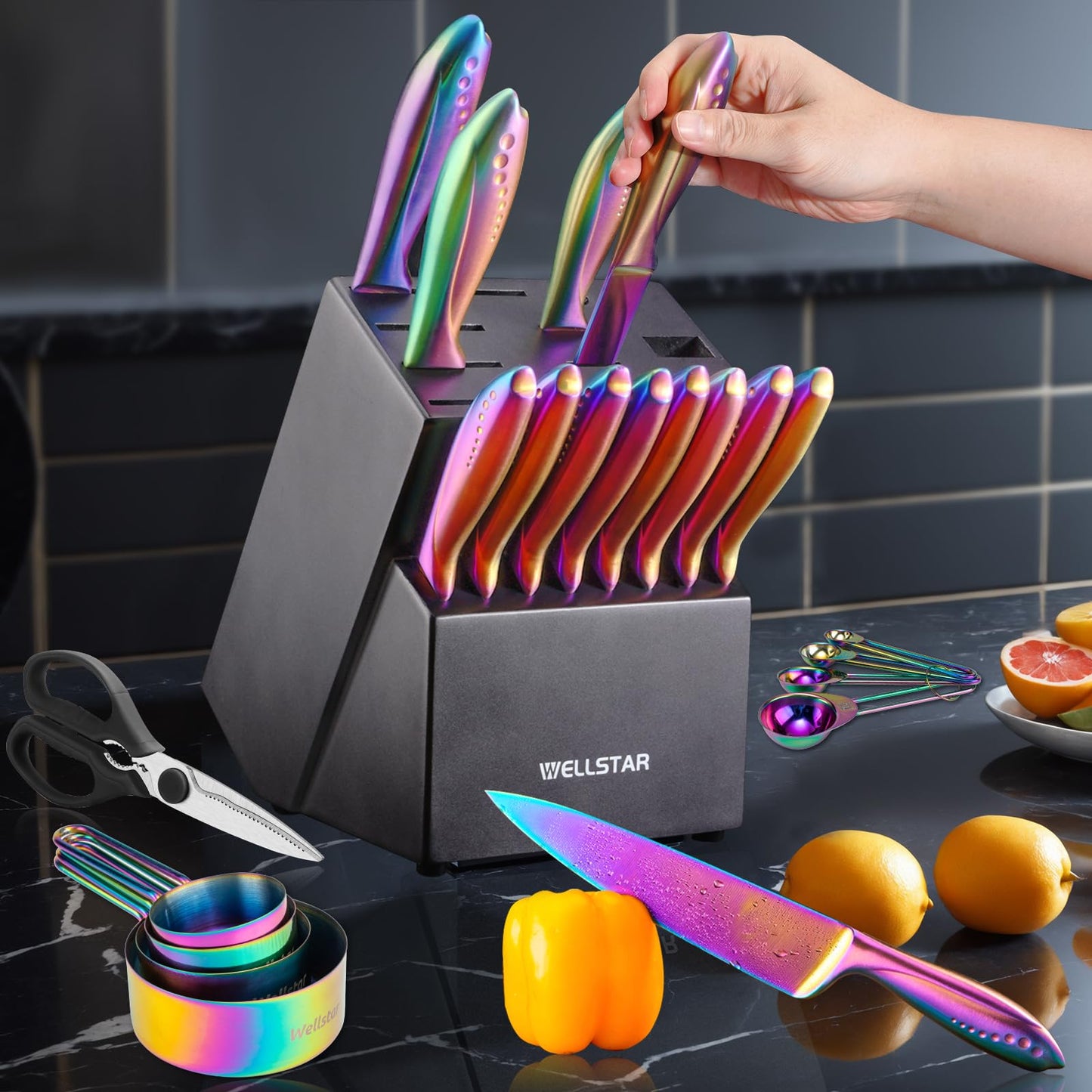 Rainbow Knife Block Set 27-Piece, Iridescent German Stainless Steel Kitchen Knives Set with Wooden Holder, Colorful Titanium Coating, Include Scissors and 2-Stage Built-in Sharpener and 8pcs Gadgets