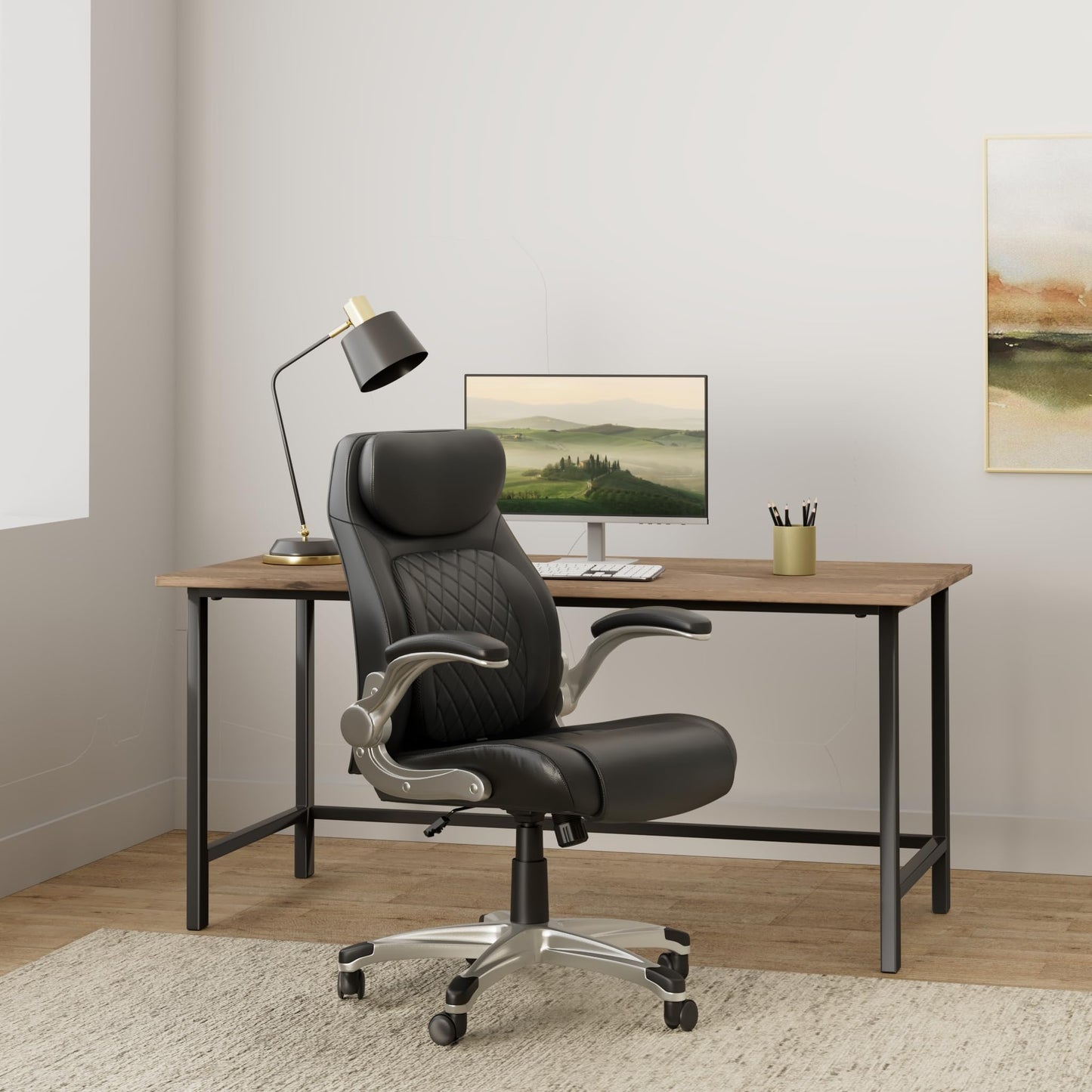 Nouhaus +Posture Ergonomic PU Leather Office Chair. Click5 Lumbar Support with FlipAdjust Armrests. Modern Executive Chair and Computer Desk Chair (Black)