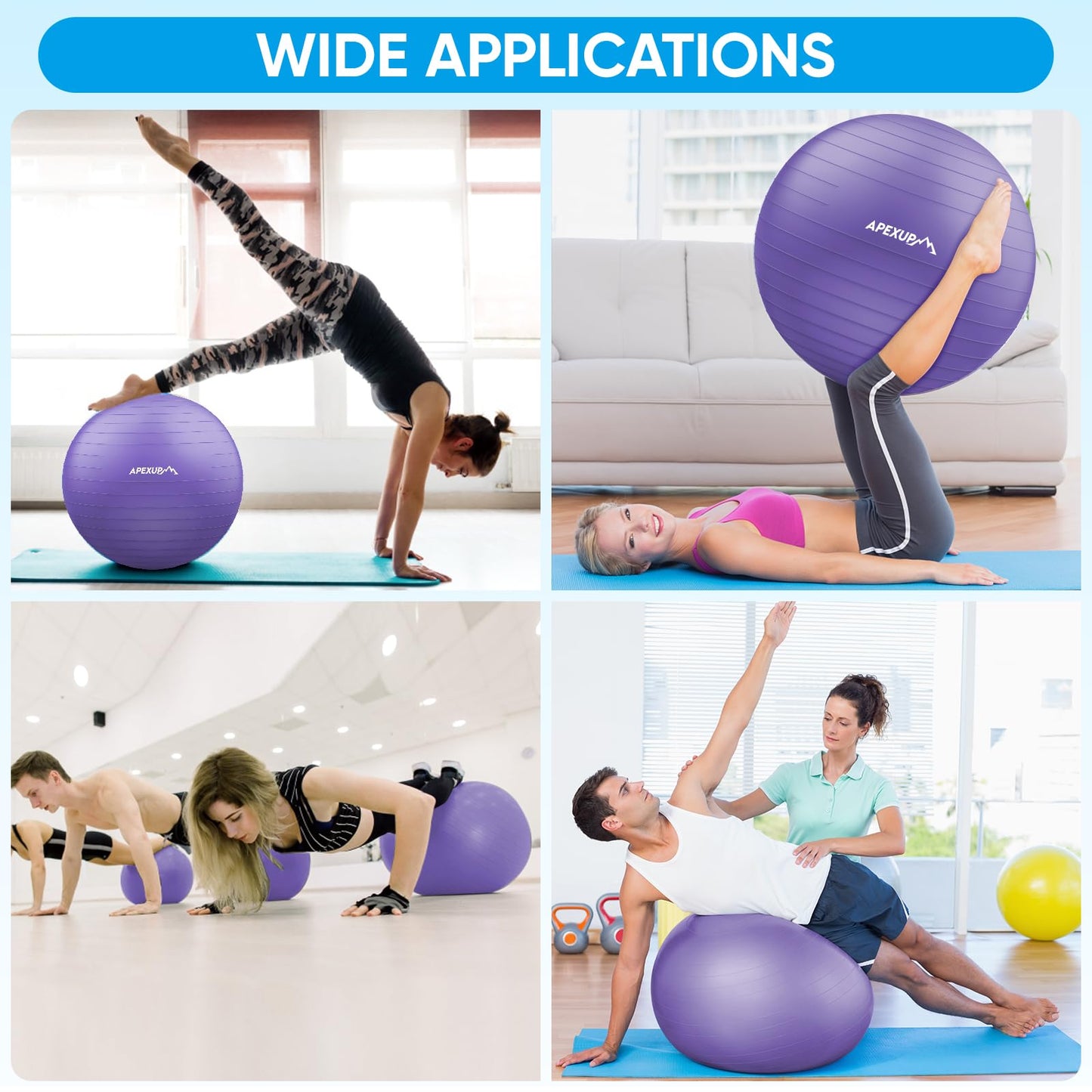 APEXUP Yoga Ball Exercise Ball, Anti Slip Stability Ball Chair, Heavy Duty Large Gym Ball for Fitness, Balance, Core Workout and Physical Therapy (S (15"~18") 45cm, Purple)