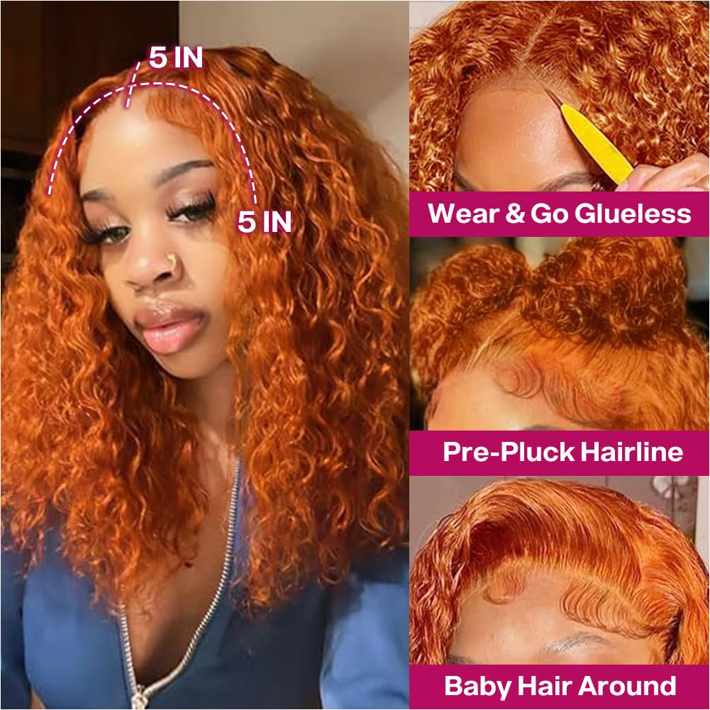 Ailwelia Ginger Deep Wave Wig Human Hair Bob 12Inch Curly Bob Wig 200% Density Ginger Bob Wig Human Hair 5x5 Hd Lace Closure Wigs Human Hair Glueless Wigs For Black Women