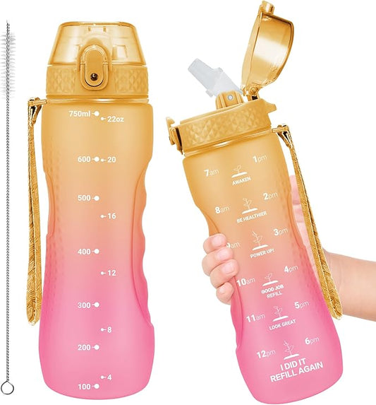 OLDLEY Kids Water Bottle for School, 25 oz (Straw Lid) BPA-Free Reusable Leak-proof Durable Tritan Plastic Water Bottles with One-handed Opening Straw Lids, Anti-dust Spout Cover (Nectarine)