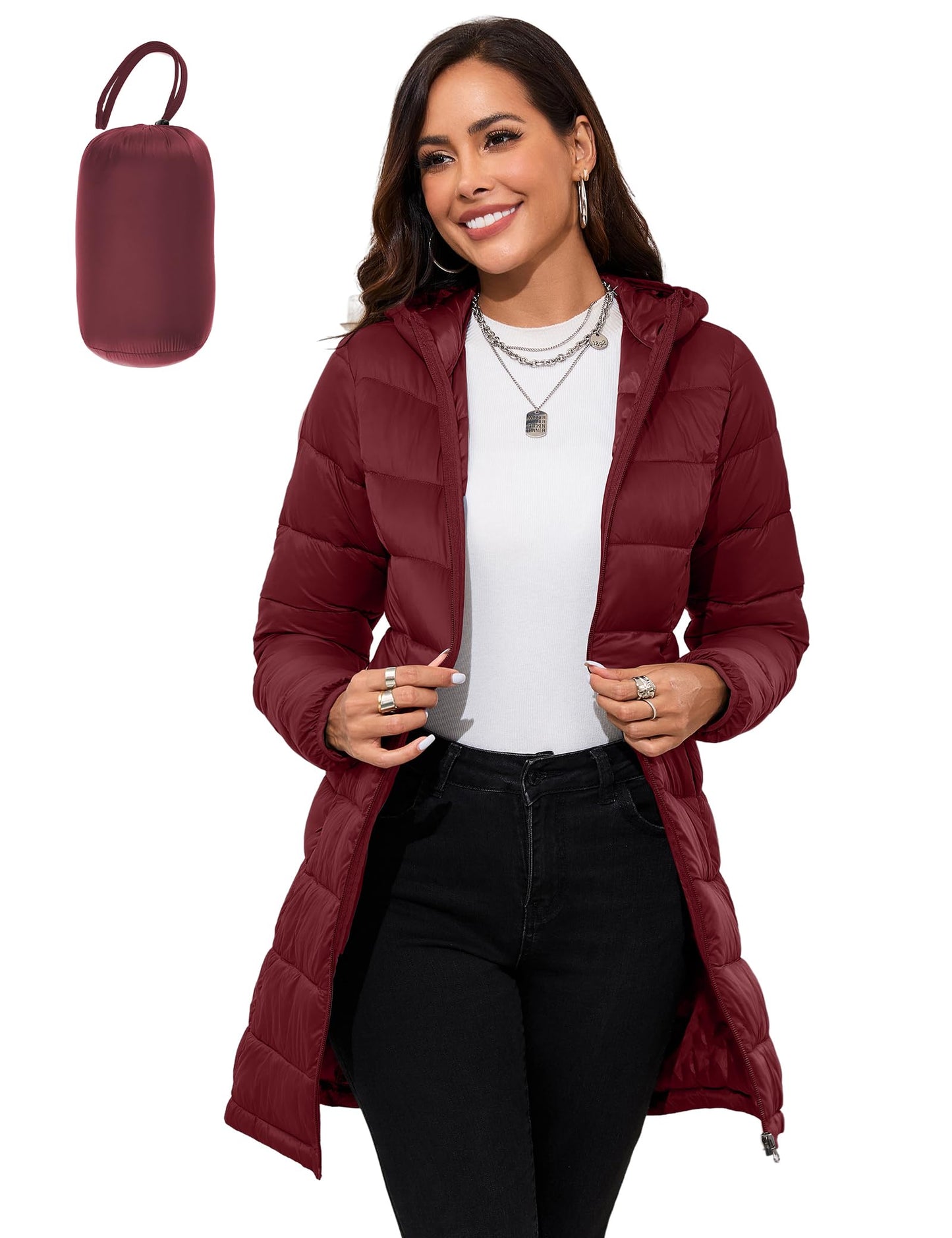 ANOTHER CHOICE Women Packable Puffer Jacket Lightweight Hooded Puffy Jacket (Wine Red, S)