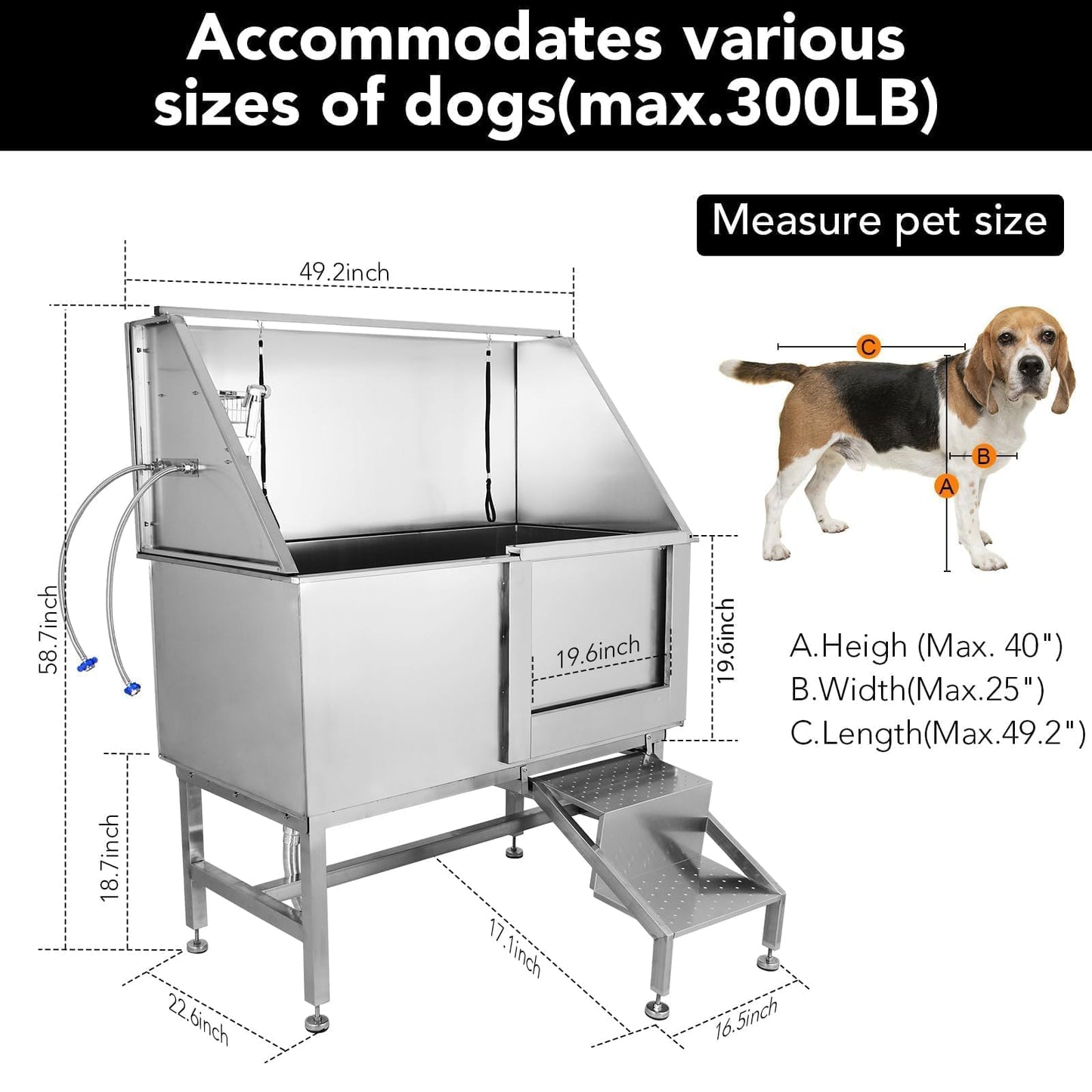 50" Pet Dog Grooming Bathing Station, Professional Stainless Steel Dog Grooming Tub w/Removable Ramp, Storage Drawer, Floor Grate, Stairs Faucet, Dog Bathtab for Large, Medium & Small Pets, Right Door