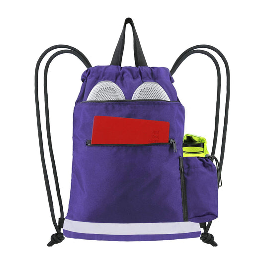BeeGreen Purple String Backpack Bag for Sports 1 Pieces Cinch Sack w Zipper Front Pocket Portable Sinch Sackpack Large Durable Gymsack w Water Bottle Pouch …