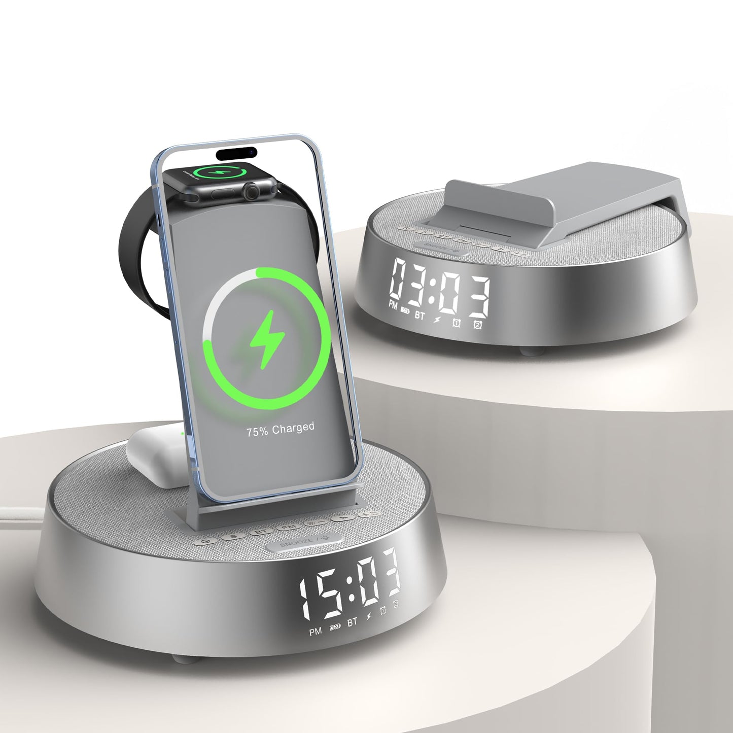 Alarm Clock Charging Station for Bedrooms, Wireless Charging Station with Dimmable Night Light Bluetooth Speaker, Mag-Safe Charger for iPhone 16 15 14 13 12 Pro Max, Apple Watch, AirPods Pro