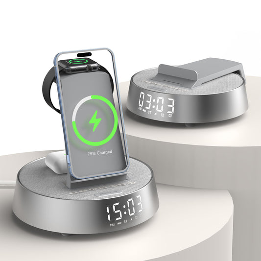 Alarm Clock Charging Station for Bedrooms, Wireless Charging Station with Dimmable Night Light Bluetooth Speaker, Mag-Safe Charger for iPhone 16 15 14 13 12 Pro Max, Apple Watch, AirPods Pro