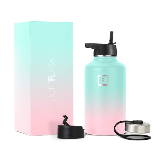 IRON °FLASK Camping & Hiking Hydration Flask, Wide Mouth, 3 Straw Lids, Stainless Steel Outdoor Water Bottle, Double Walled, Insulated Thermos, Metal Canteen - Bubble Gum, 64 Oz