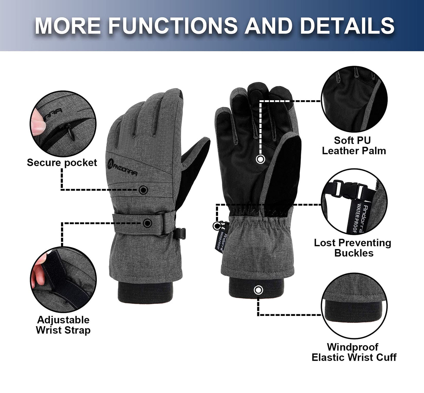 ANDORRA Women's Winter Gloves Waterproof Touchscreen Ski Gloves, Grey, L