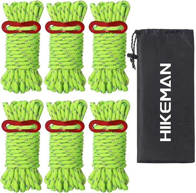 HIKEMAN Heavy Duty Camping Rope - 6 Pack 5mm Outdoor Reflective Guy Lines with Tensioner Adjuster Strong Nylon Cord for Large Tent Big Tarp Canopy Tie Downs (Fluorescent Green)