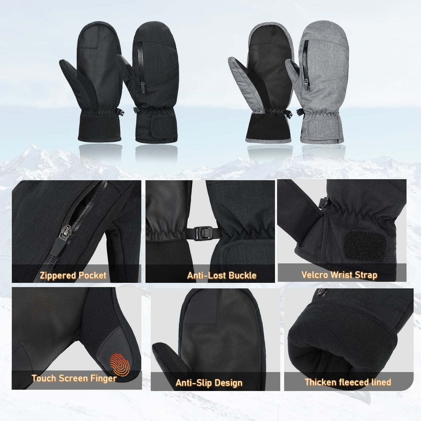 American Trends Ski Mittens for Women Men Warm Winter Gloves for Cold Weather Waterproof Touchscreen Ski Gloves for Women White XL