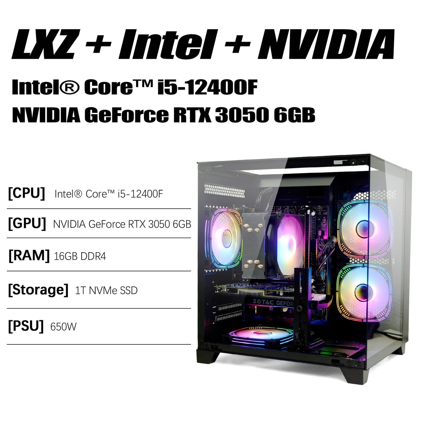 LXZ Gaming PC Desktop, I5-12400F, 2.5GHz, GeForce RTX 3050 6GB, 16GB DDR4 RAM, 1TB NVME SSD, for Gaming and Work, Black