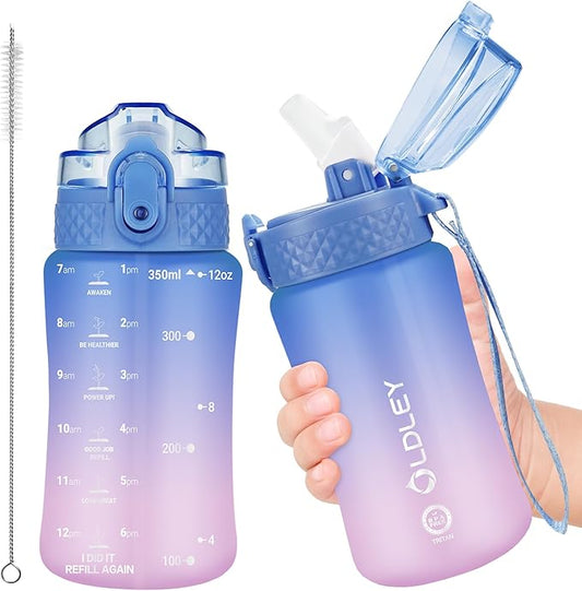 OLDLEY Kids Water Bottle for School, 12 oz, BPA-Free, Reusable, Leak-proof, Durable Tritan Plastic, One-handed Opening, Anti-dust Spout Cover