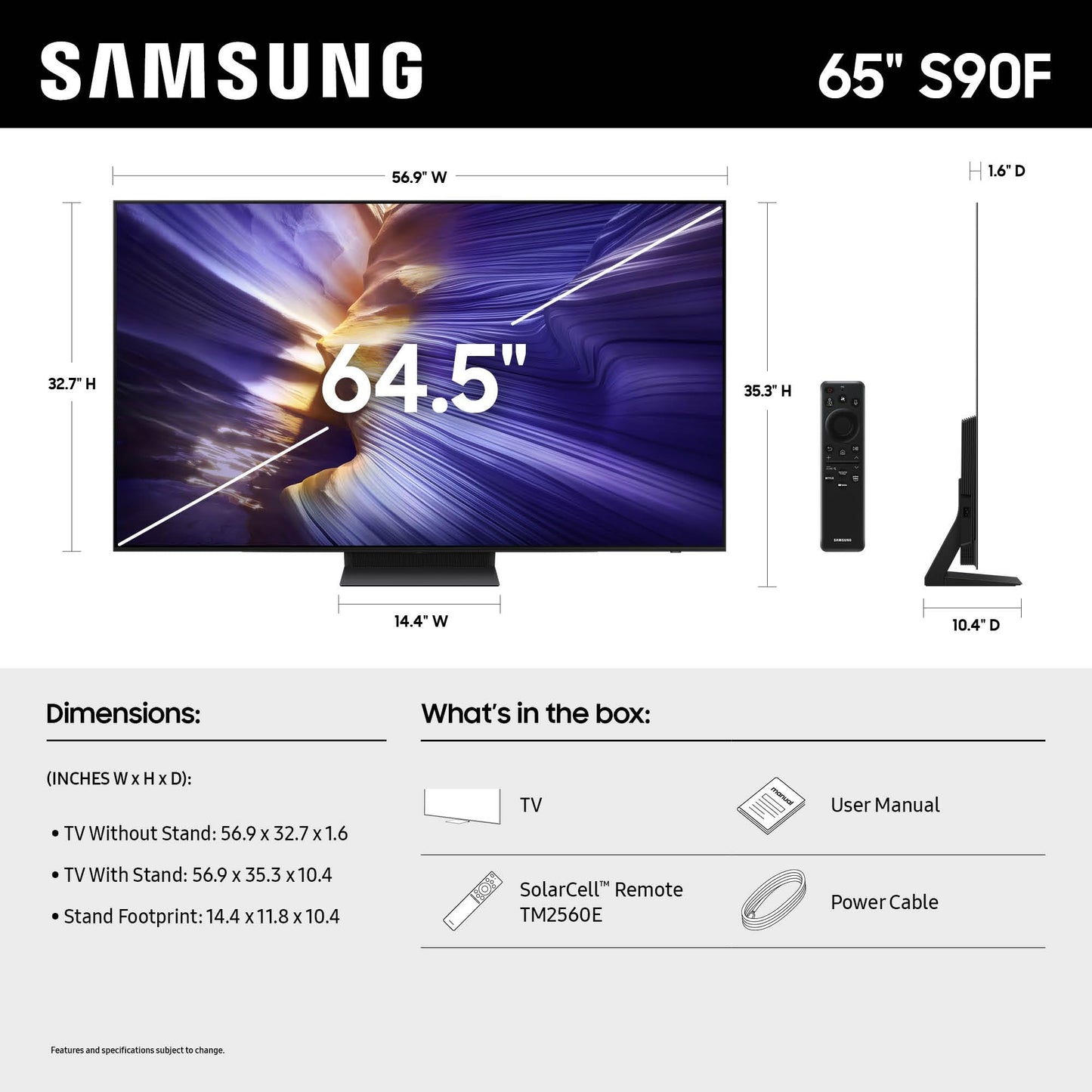 Samsung 65-Inch Class OLED S90F 4K Smart TV (2025 Model) NQ4 AI Gen3 Processor, 4K AI Upscaling Pro, OLED HDR +, Motion Xcelerator 144Hz, Samsung Vision AI, Alexa Built-in