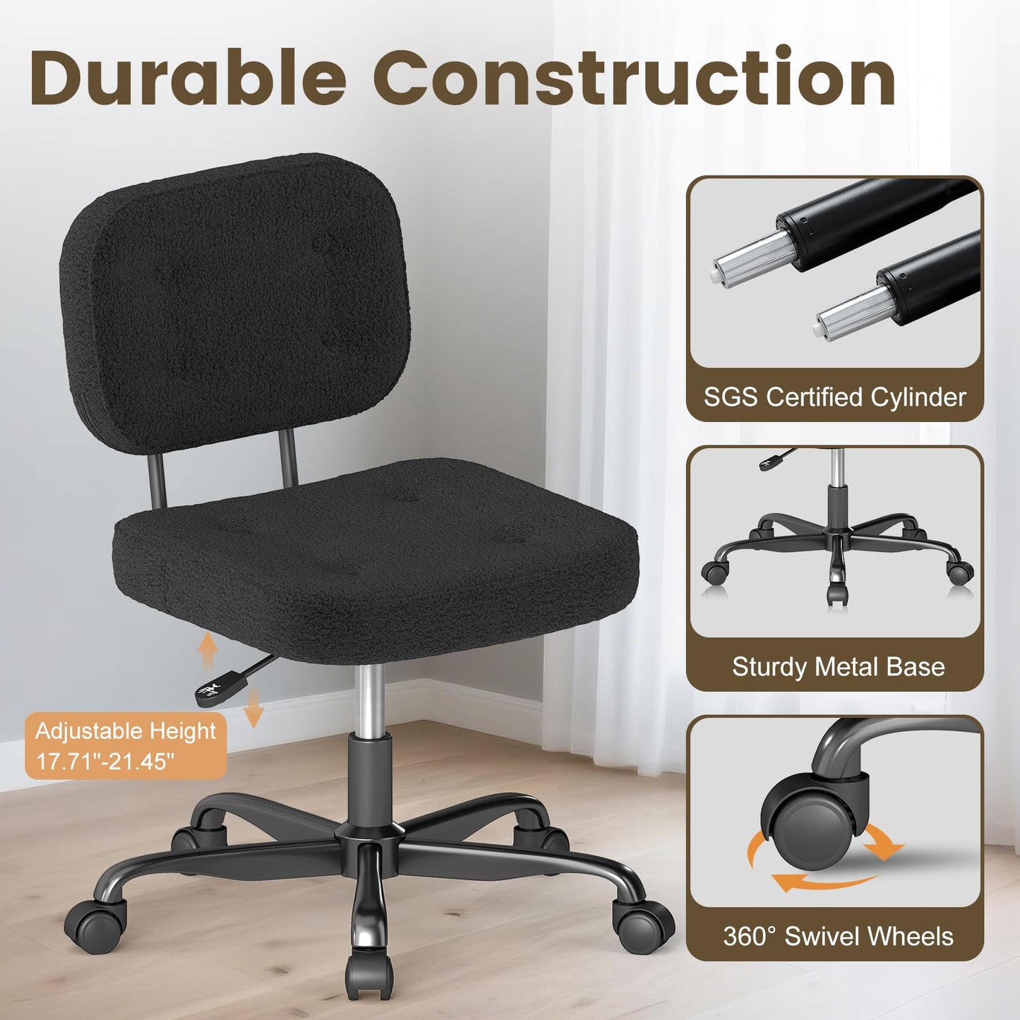 AnyGod Teddy Fleece Armless Home Office Desk Chair, Small Ergonomic Task Chair for Adults and Students, Low Back Seating with Swivel, Adjustable Height, Rolling Wheels - Black