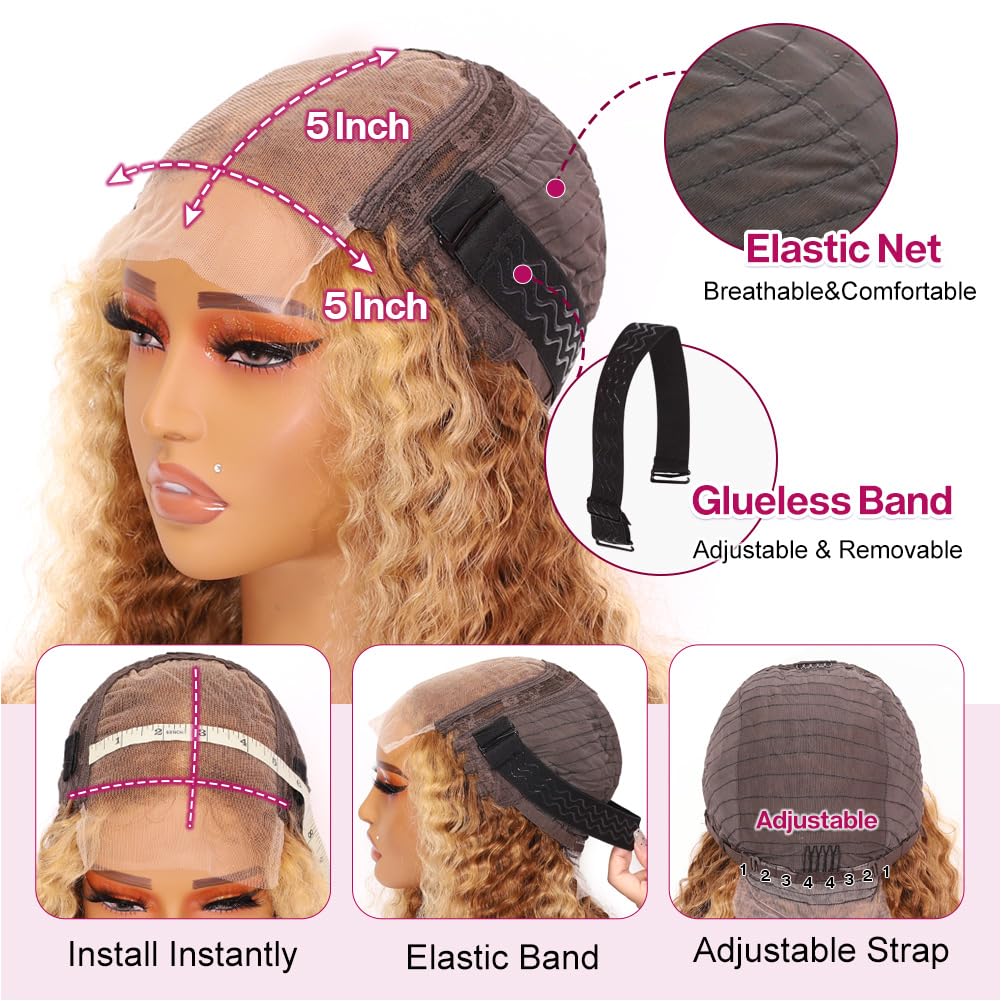 Ailwelia Highlight Blonde Wear And Go Glueless Curly Bob Wig Pre Plucked 4/27 5x5 Hd Lace Closure Wigs Human Hair For Black Women 200% Density Deep Wave Glueless Wigs Human Hair Bob 12 Inch