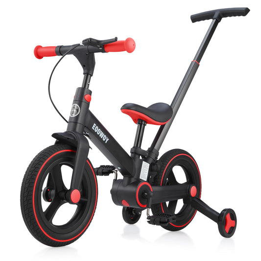 EOOWOY Balance Bike with Push Handle for Kids 18-60 Months, 6 in 1 Foldable Push Bike with Training Wheels & Pedals, Balance Bicycle for Boys and Girls with Brakes & Kickstand, Black