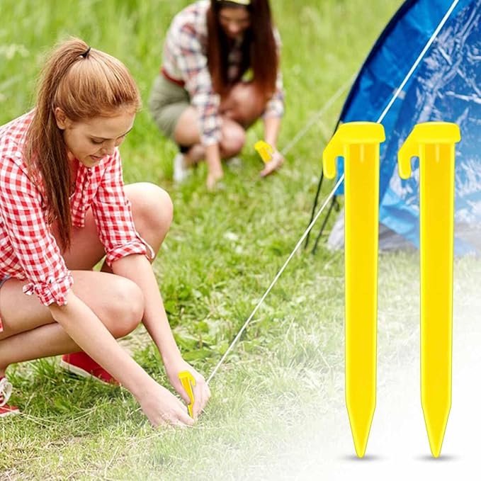 10 Pack Plastic Tent Stakes Heavy Duty Beach Tent Pegs Canopy Stakes for Camping Gardening Backpacking Tent Pegs Spike Hook for Outdoor Garden Decorations Lawn Tarp Sand Stakes for Beach (Yellow)
