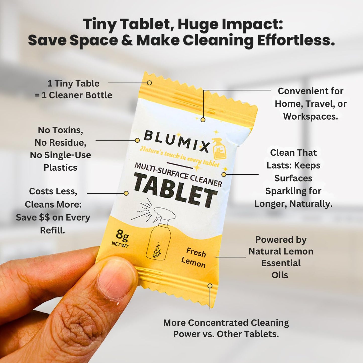 Blumix Multi-Surface Cleaner Refill Tablets – 6 Count | Fresh Lemon Scent | Eco-Friendly, Biodegradable, Plastic-Free Cleaning Refills for Spray Bottles – All-Purpose Household Use