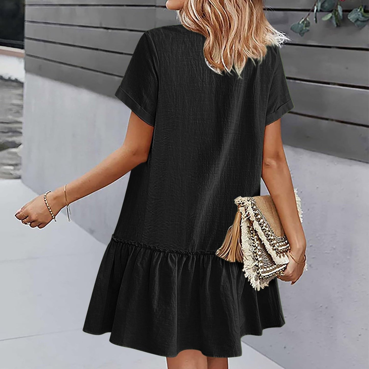 Aniywn Button Dresses for Women 2024 Casual Loose Summer Cotton Linen Dress Ruffle Hem Casual Dress Short Sleeve Tunic Dress