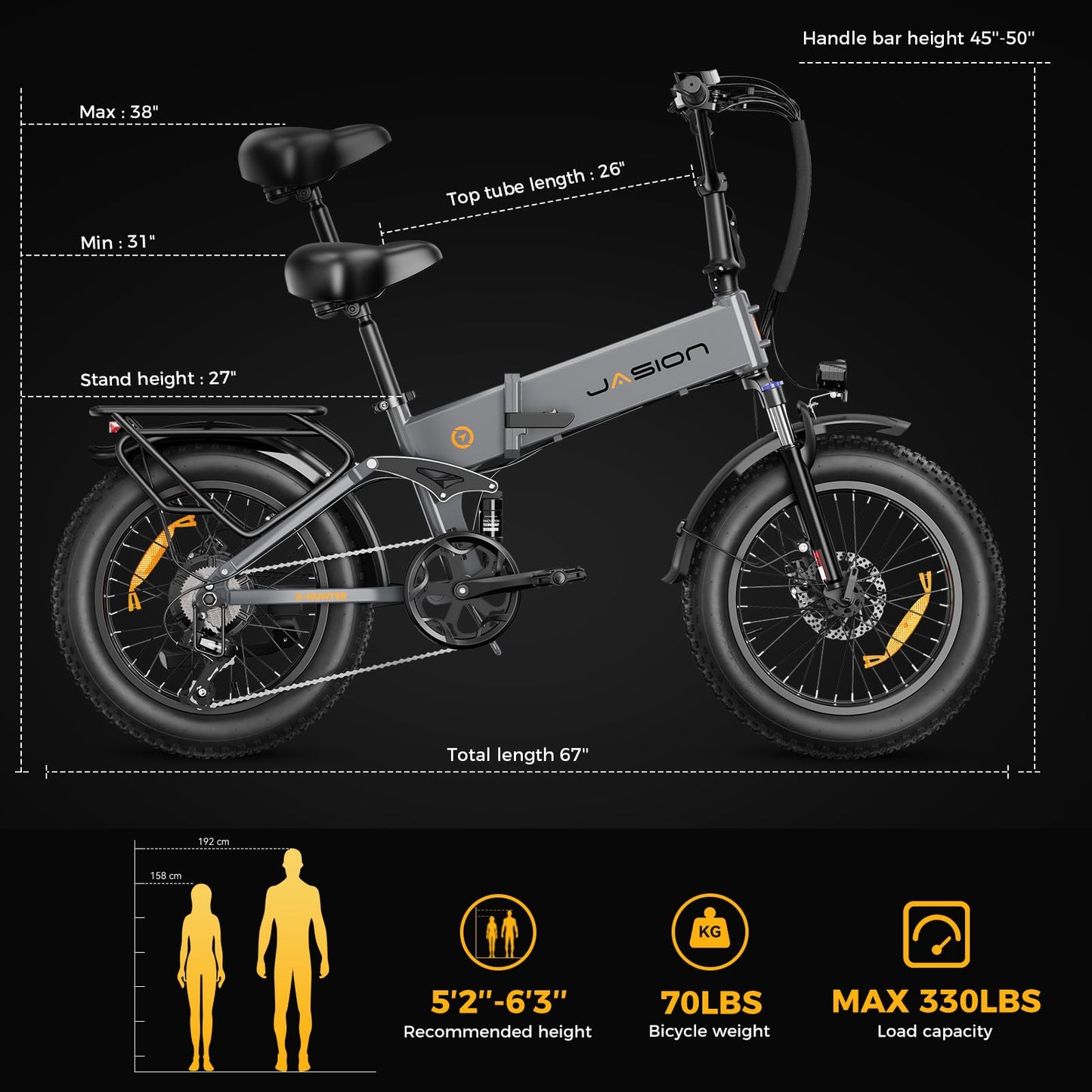 Jasion X-Hunter Electric Bike for Adults,1400W Peak Motor 30MPH Max Speed 48V 13AH Removable Battery, Full Suspension System Design,20''*4.0 Fat Tire Foldable Ebike,7-Speed Bicycles