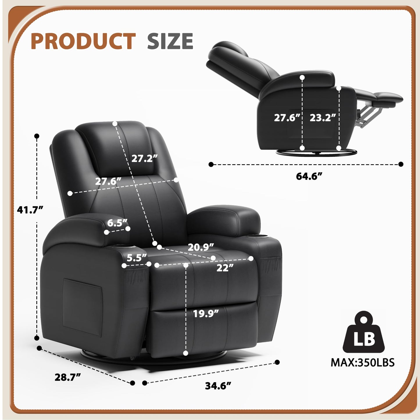Flamaker Swivel Rocker Recliner Chair with Vibration Massage, 360° Swivel Recliner Chairs for Adults Ergonomic Lounge Chair with Cup Holders Lazy Boy Recliner Single Sofa Seat (Leather, Black)