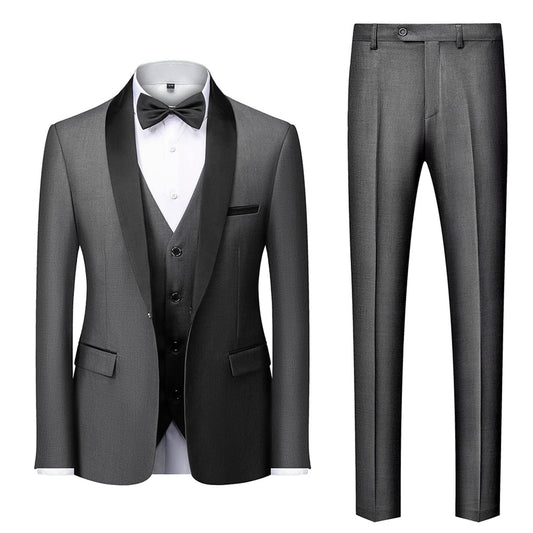 Men's Wedding 3 Piece Suits Slimming One Button Shawl Lapel Business Blazer Formal Dinner Party Jacket Vest Pants (Grey,Small)