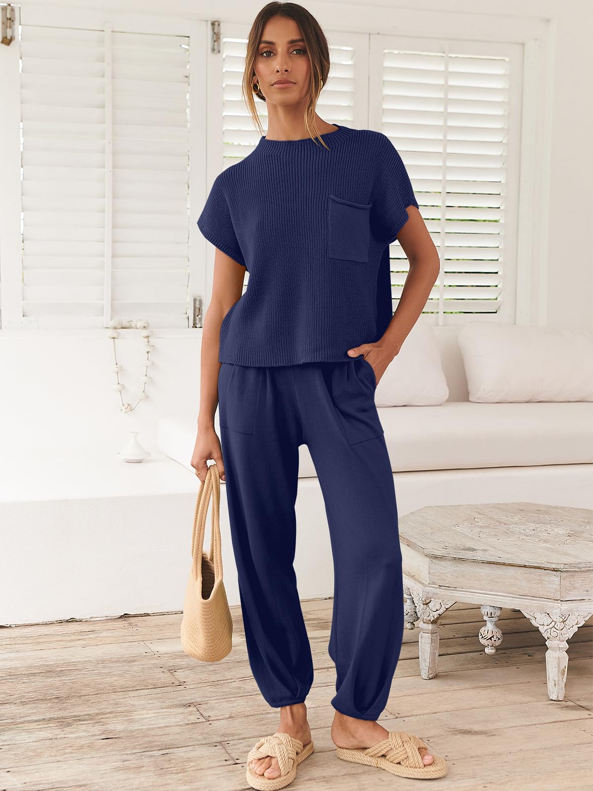 ANRABESS Women's Two Piece Outfits Knit Sweater Pullover Crop Top & Pants Lounge Matching Tracksuit Sweatsuit Sets 2024 Trendy Loungewear Clothes Navy Blue X-Small